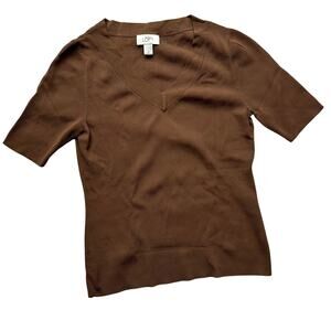 Loft Brown V Neck Stretch Ribbed Knit Short Sleeve Top Size Small